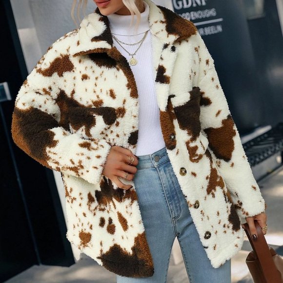 western cow print button flannel coat boho casual - Picture 5 of 6